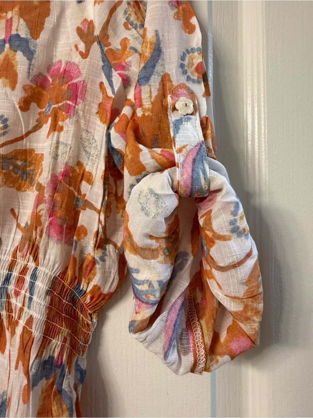 Alex & Parker Petite XL Floral Smocked Waist Button Front Roll Tab Blouse - Picture 3 of 8
